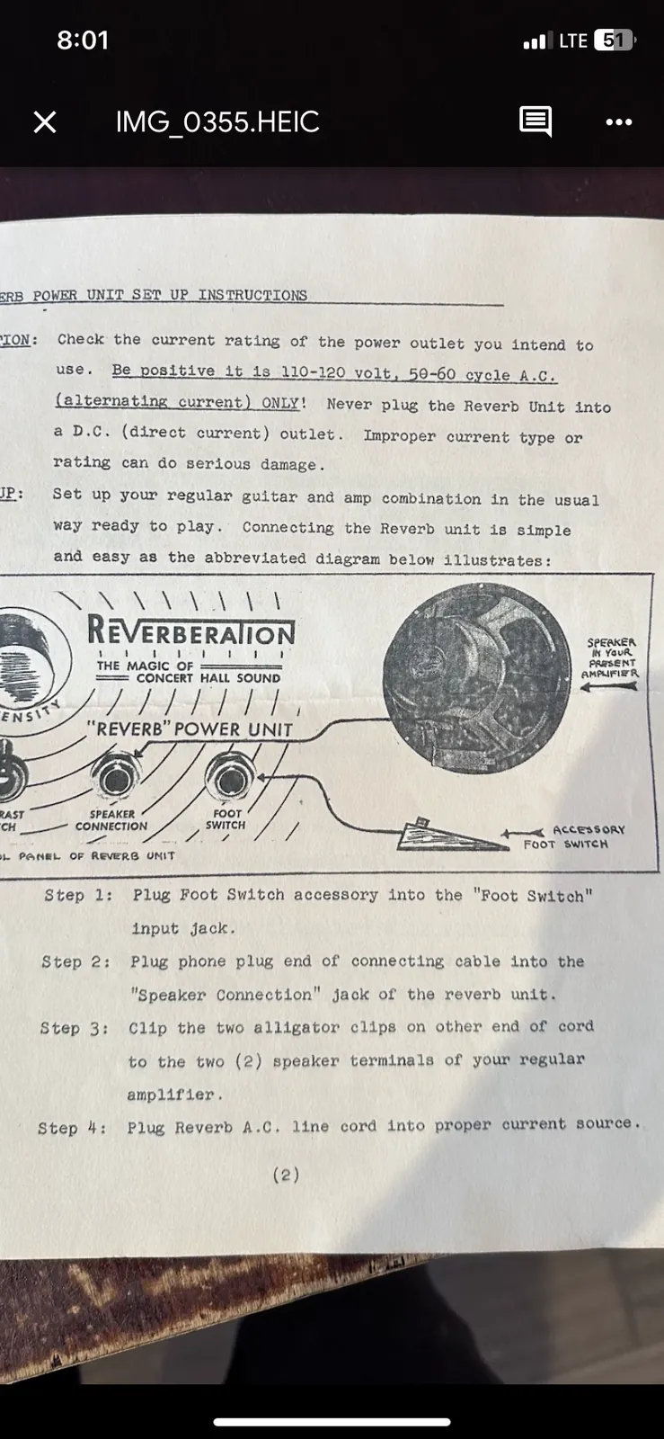 Page of the original Reverb Power Unit set up instructions with a hookup diagram
