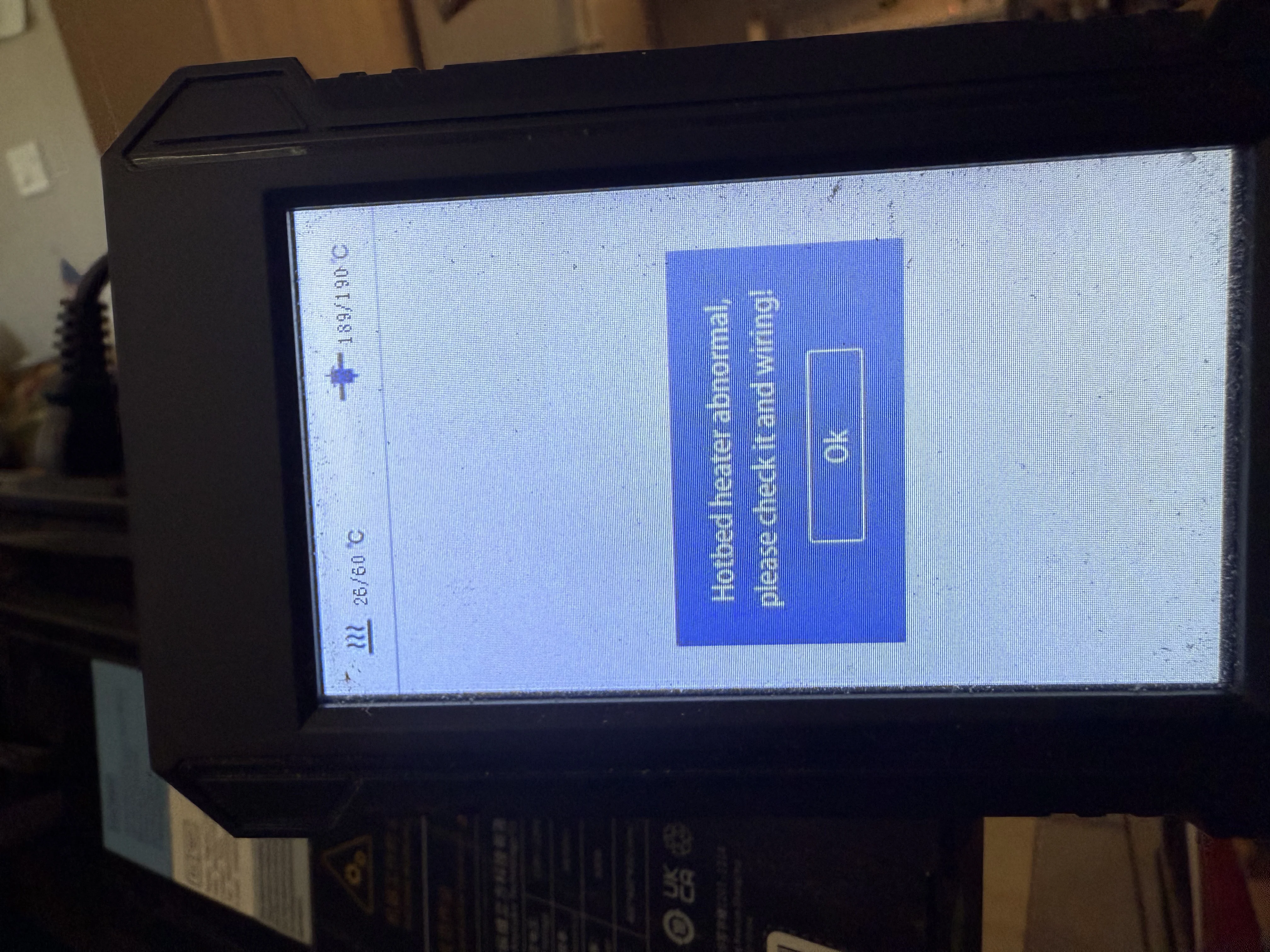 Printer touchscreen showing Hotbed heater abnormal please check it and wiring