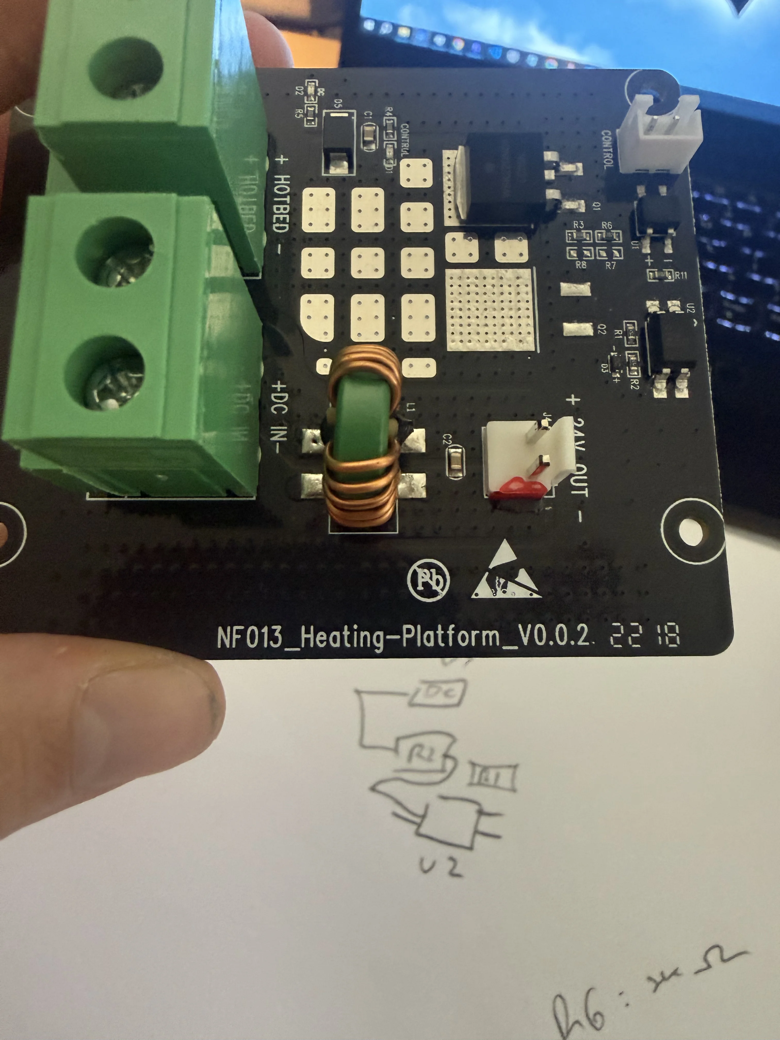 Removed NF013 heating platform board showing HOTBED, DC IN, CONTROL, and 24V OUT connectors
