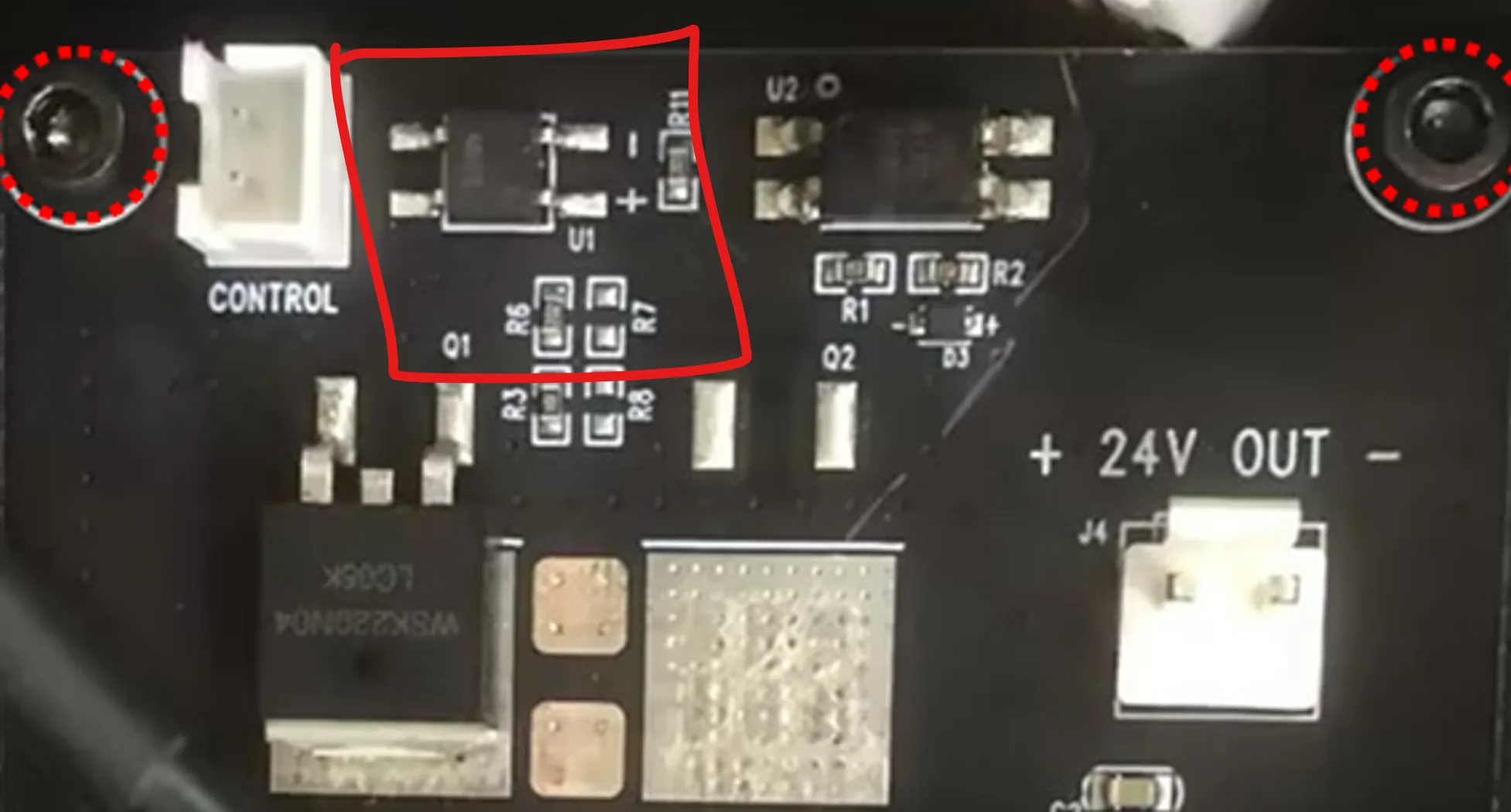 Annotated photo highlighting U1 optocoupler near CONTROL connector