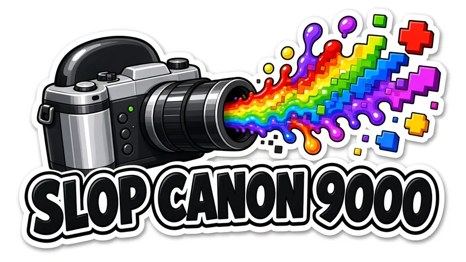 Cartoon sticker of a camera blasting rainbow pixels, labelled SLOP CANON 9000