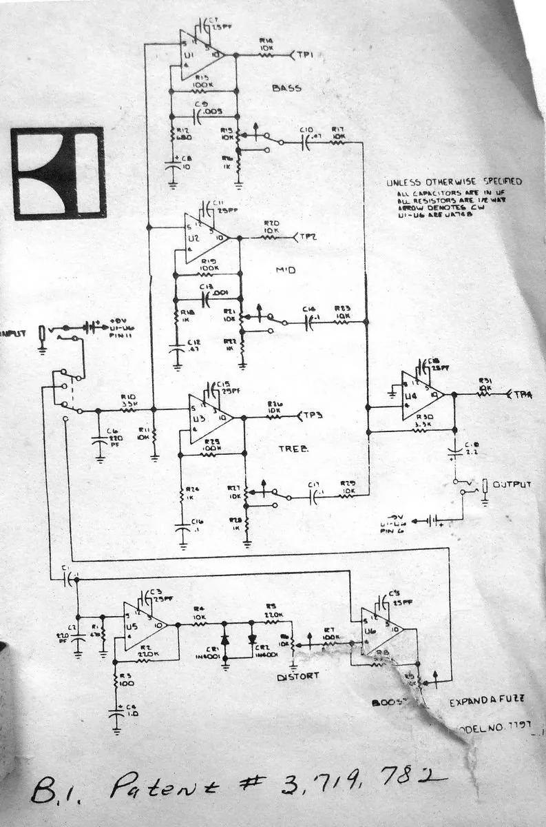 Gretsch Expanda Fuzz schematic with bass, mid and treble op amp sections and a distort and boost section