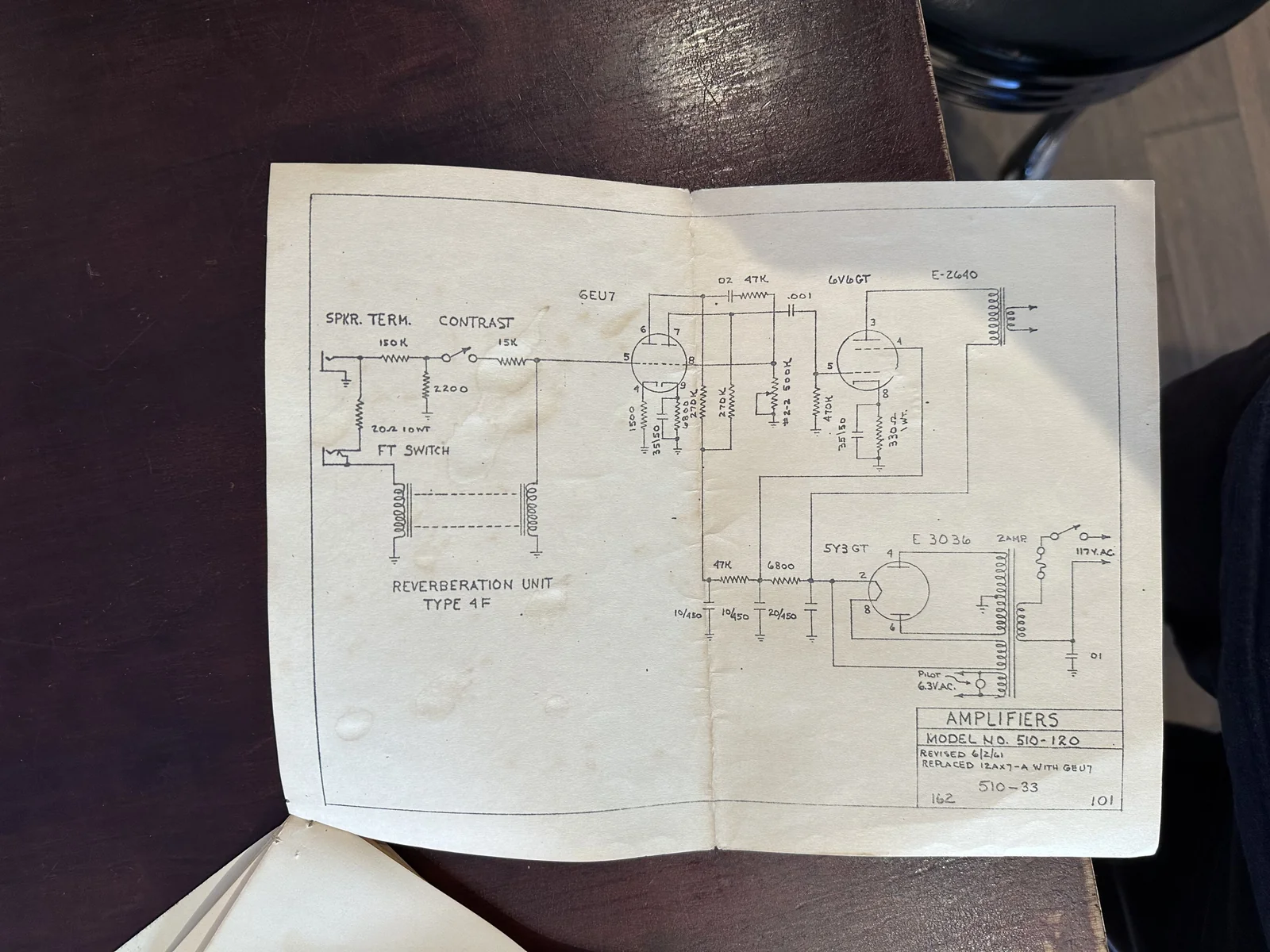 Original Supro manual schematic, Amplifiers Model No. 510-120, with 6EU7, 6V6GT and 5Y3GT tubes and Reverberation Unit Type 4F